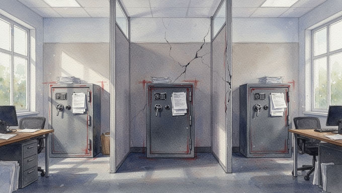 Three office rooms divided by thin walls, each holding a safe with documents; one wall shows a small contained crack.