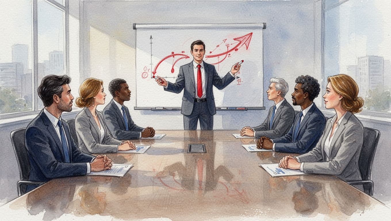 Watercolor shows ten diverse professionals around long table as executive stands presenting roadmap on whiteboard.