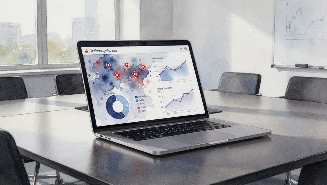 Watercolor laptop on boardroom table shows dashboard with simple charts for metrics like ROI and risk, red alerts, soft lighting.
