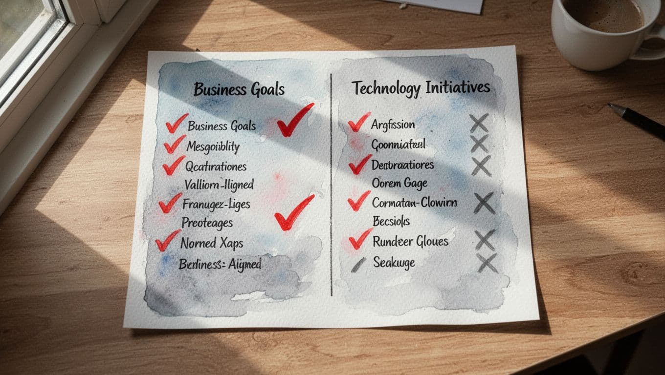 Top-down watercolor of technology roadmap document on desk with business goals and initiatives columns marked by checkmarks and X's.