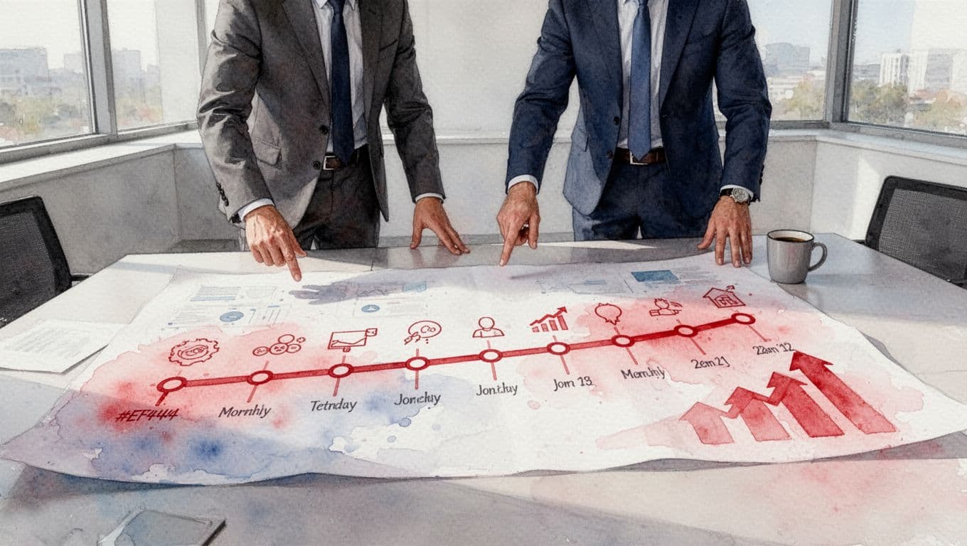 Two executives point at a watercolor timeline roadmap on a table with milestone icons, growth arrows, and coffee mug.