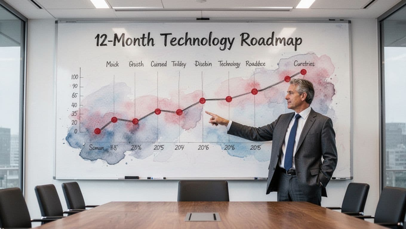 Watercolor whiteboard in boardroom displays 12-month tech roadmap with red milestone markers; lone executive points relaxed hand at key points.