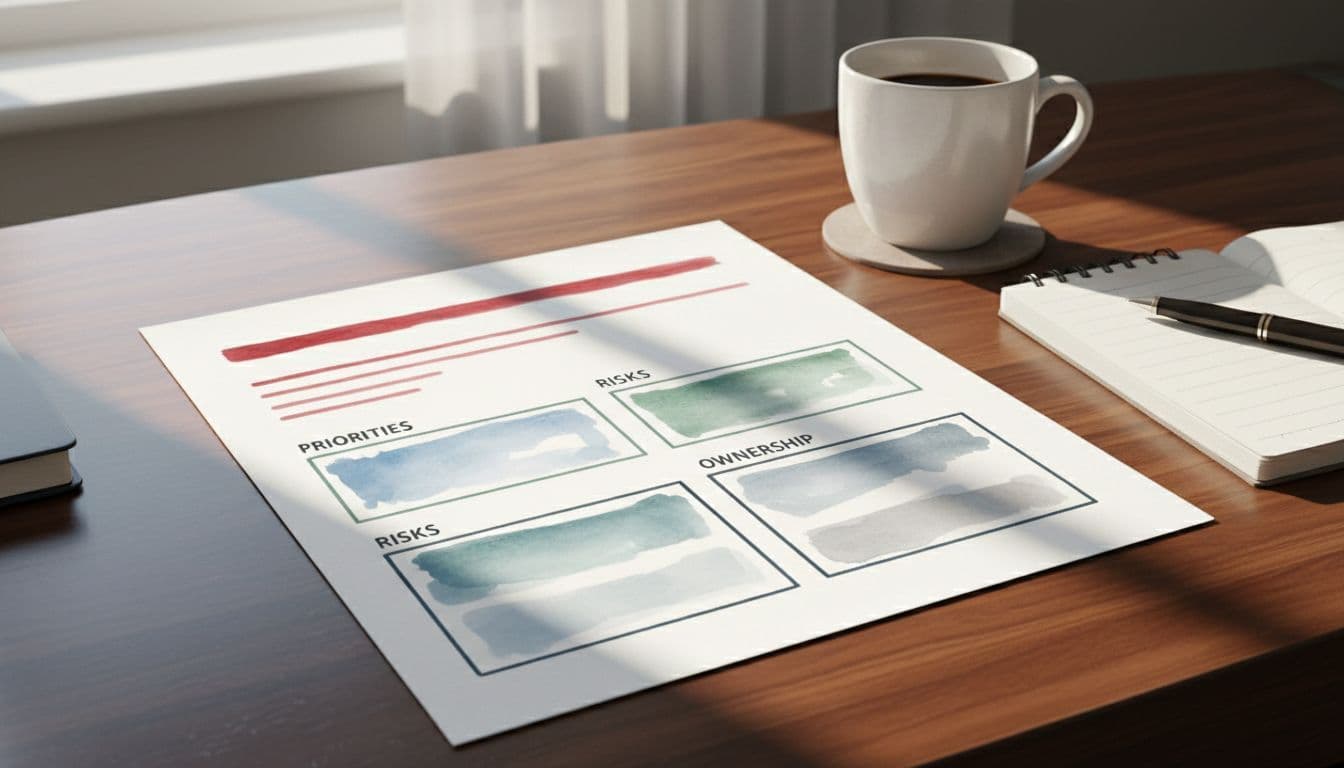 Watercolor-style technology roadmap on wooden executive desk with coffee mug and notebook.
