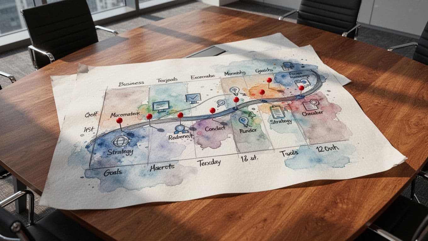 Hand-drawn watercolor technology roadmap on large paper sheet with milestone pins and icons, top-down view on wooden table.