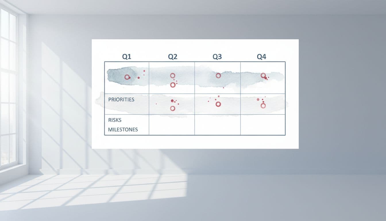 Watercolor-style diagram on whiteboard in empty boardroom shows quarters with priorities, risks, and red-accented milestones.