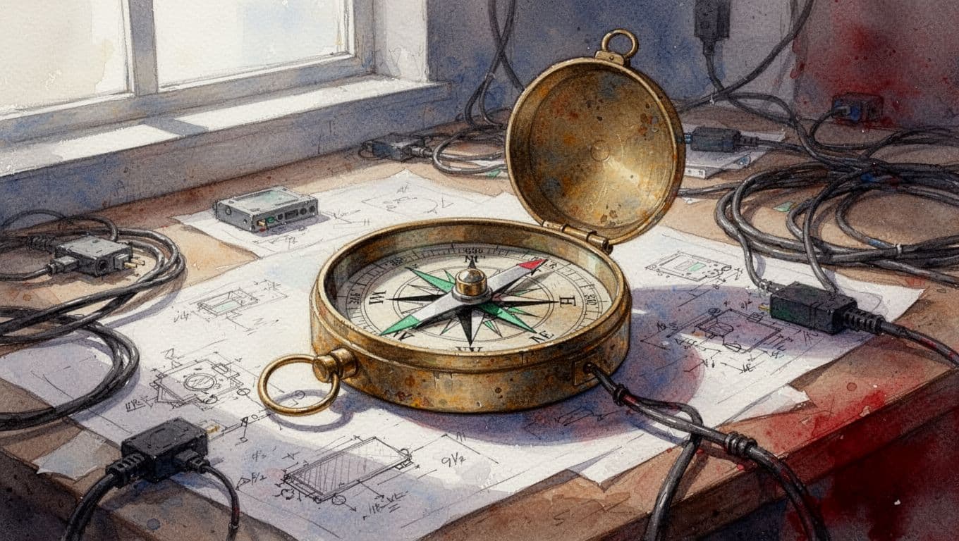 A brass compass with a spinning needle rests atop a cluttered desk filled with schematics and cables.