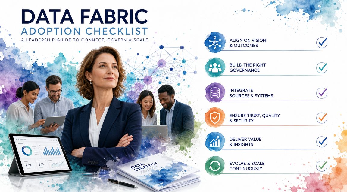 A professional infographic titled Data Fabric Adoption Checklist featuring business leaders and key strategy points.