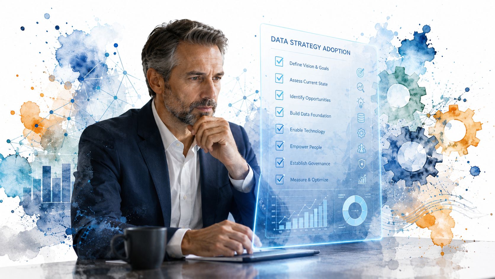 A professional man reviewing a digital dashboard displaying a data strategy adoption checklist and analytics charts.