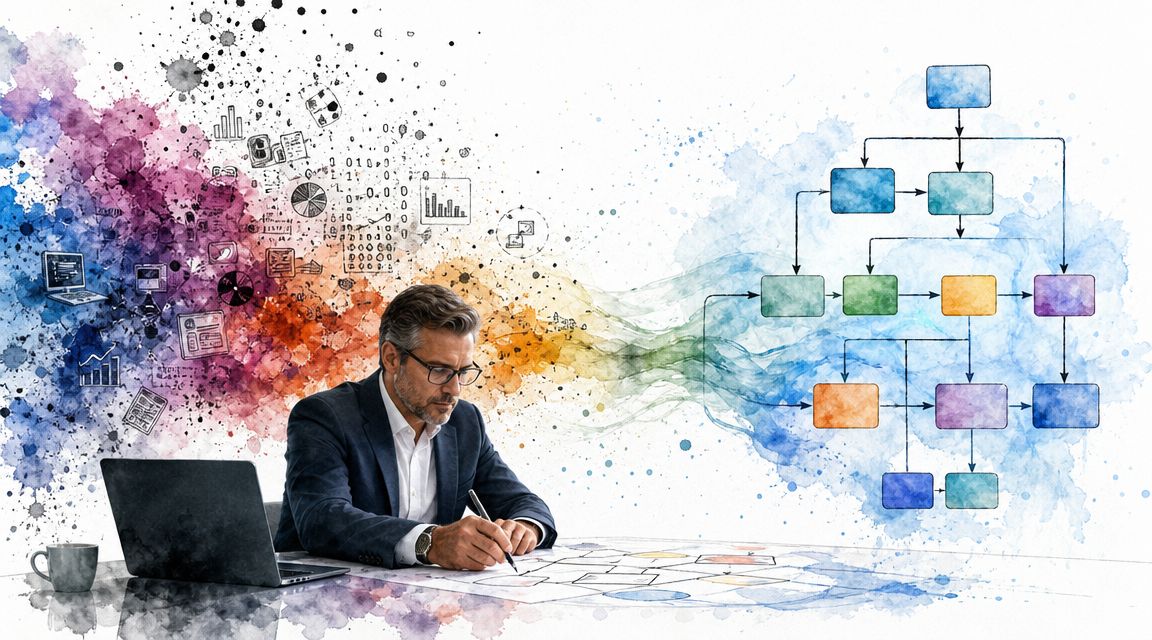 A professional man at a desk mapping out business processes with a flowchart and a laptop.