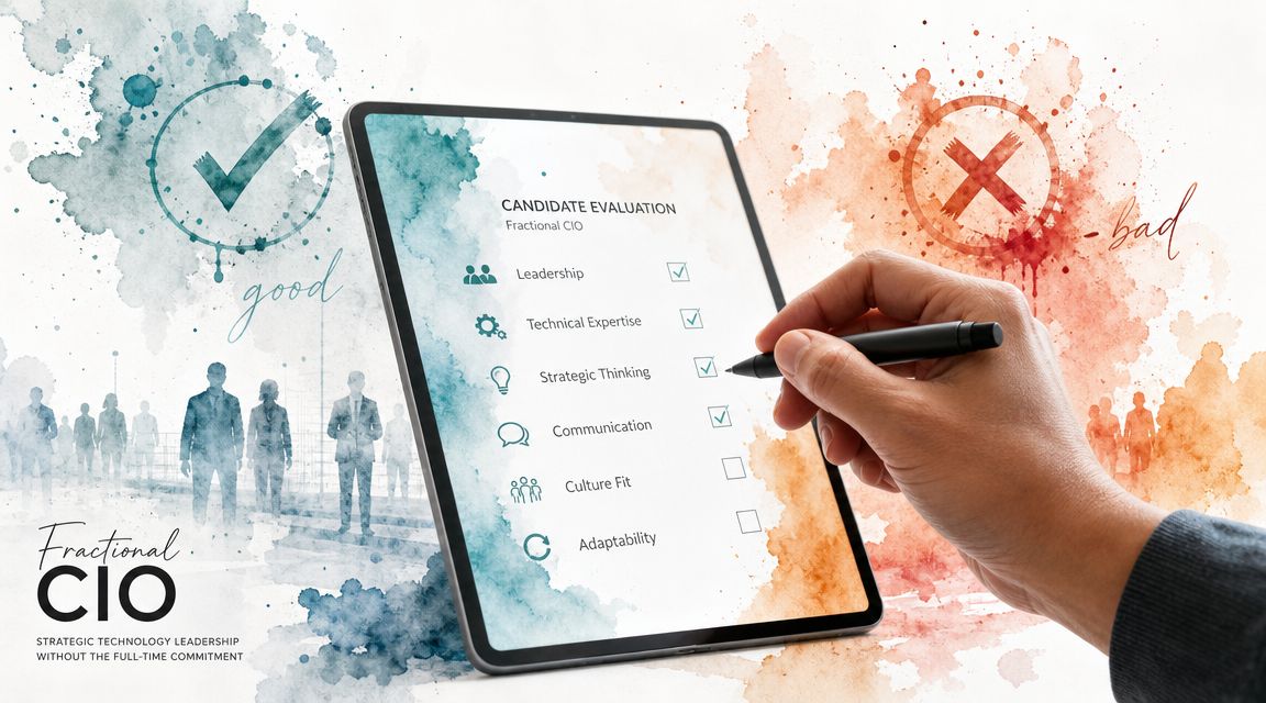 A hand using a digital pen to check off skills on a fractional CIO candidate evaluation form.