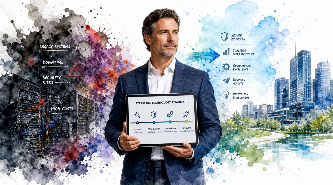 A professional man holding a technology roadmap tablet, contrasting legacy IT challenges with modern business growth solutions.