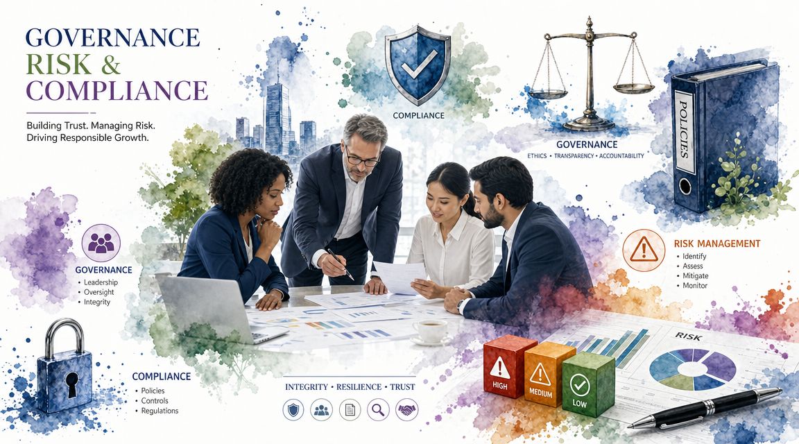 A professional team collaborating on business documents representing governance, risk, and compliance management strategies.