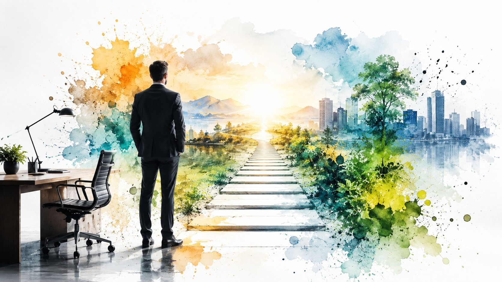 A businessman standing in an office looking at a surreal path leading toward a futuristic city skyline.