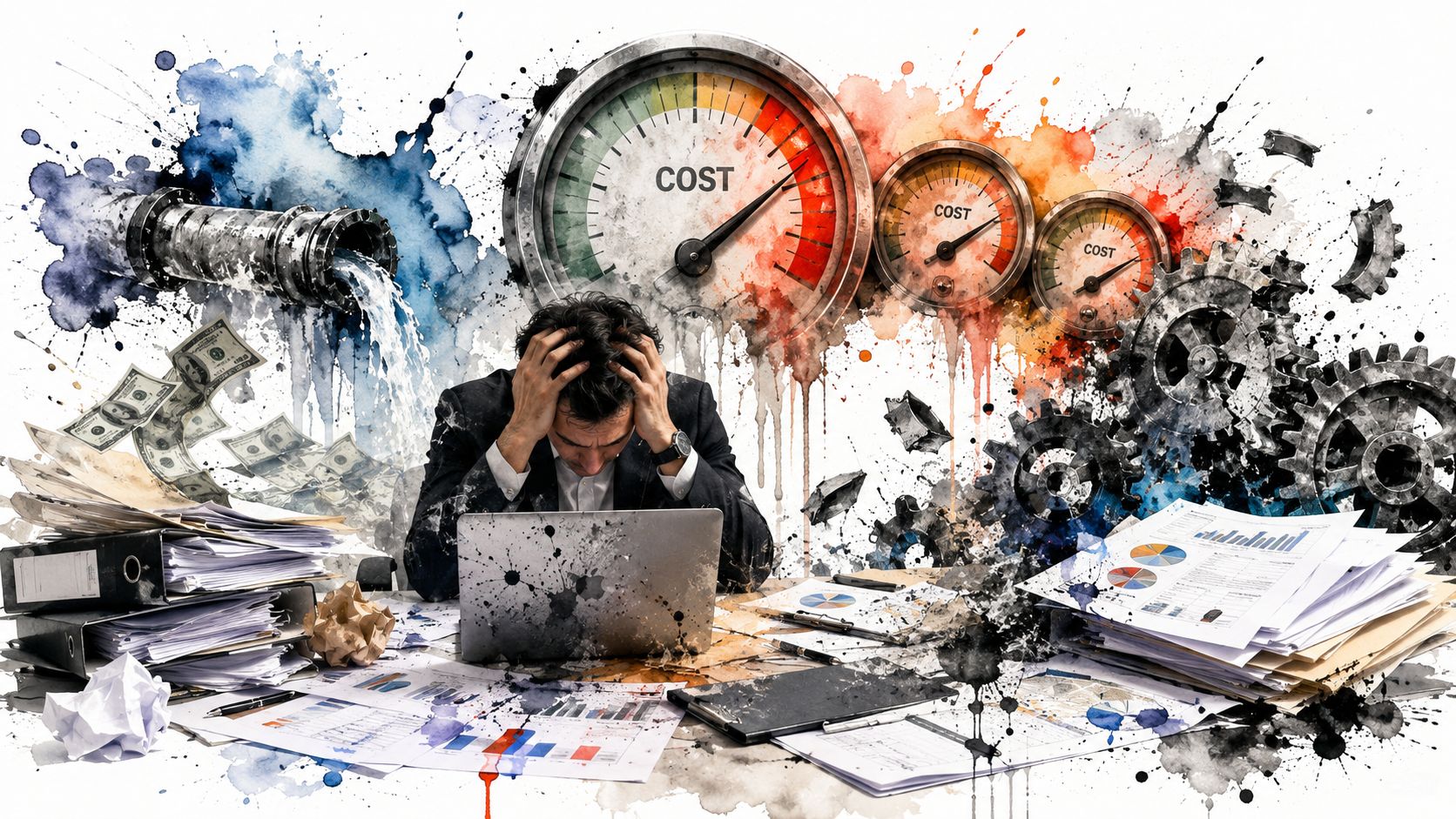A stressed businessman sits at a desk overwhelmed by paperwork with financial gauges representing high costs above.
