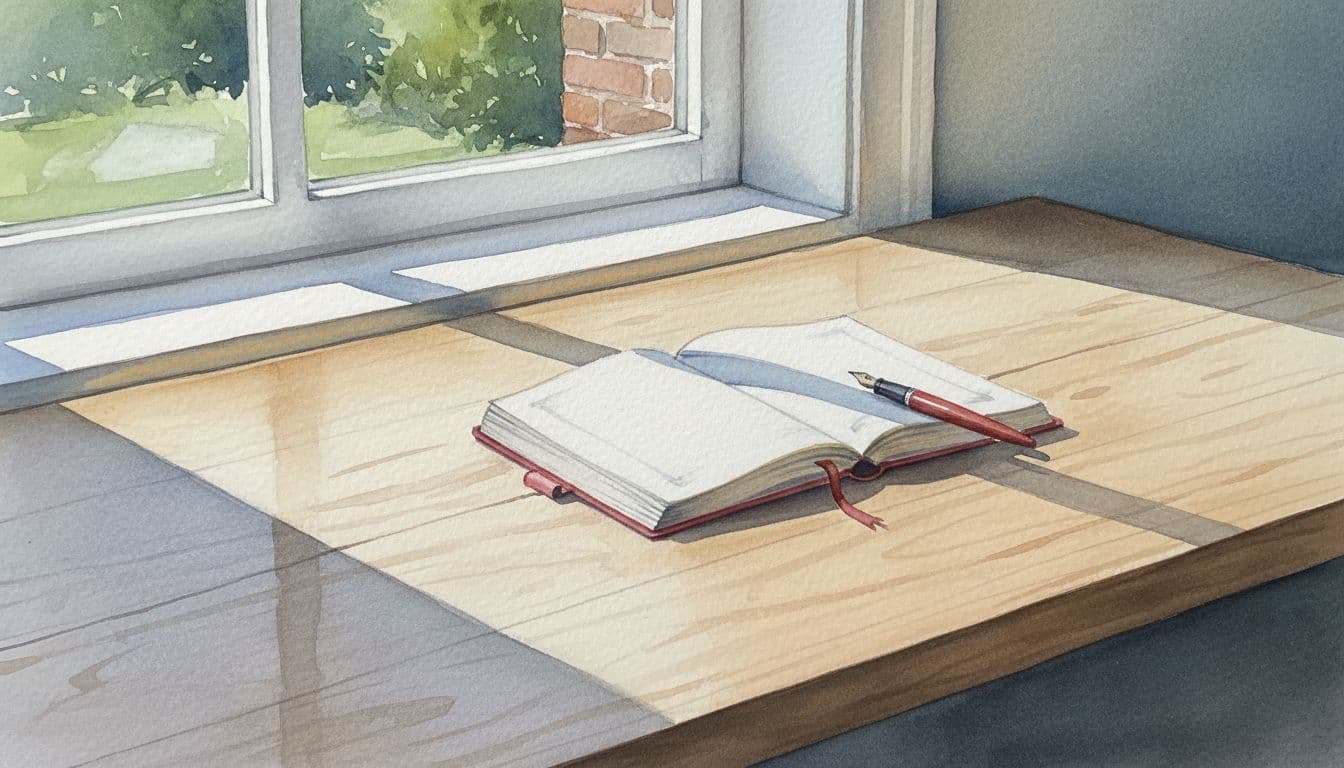 A watercolor desk scene featuring a notebook, pen, and soft natural light with a subtle red accent.