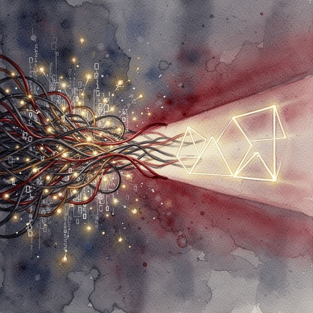 A watercolor painting depicts a chaotic tangle of wires evolving into a structured, illuminated path.