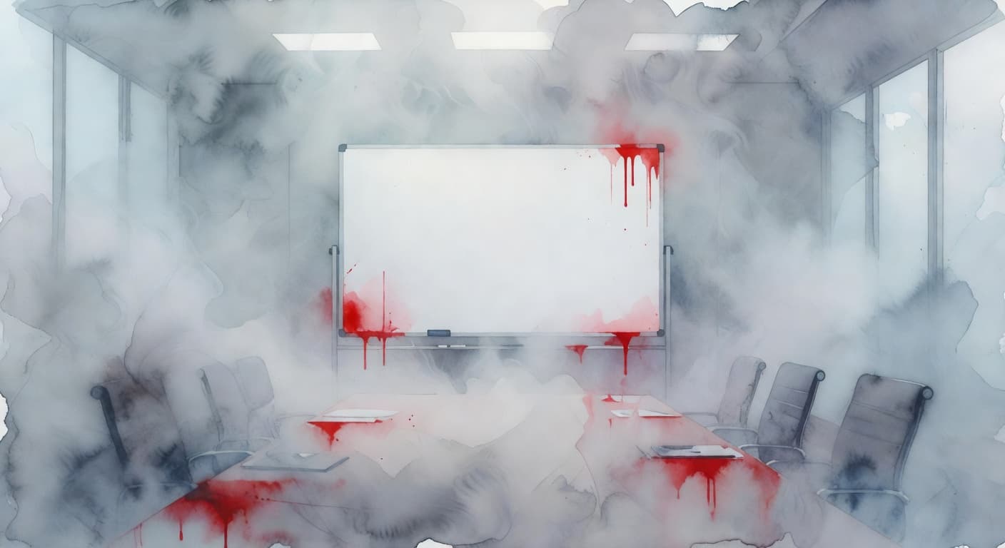 A hazy, fog-filled office boardroom rendered in soft watercolor textures. A prominent blank whiteboard featuring deep red accents stands in the center, symbolizing a lack of clear vision or objectives.