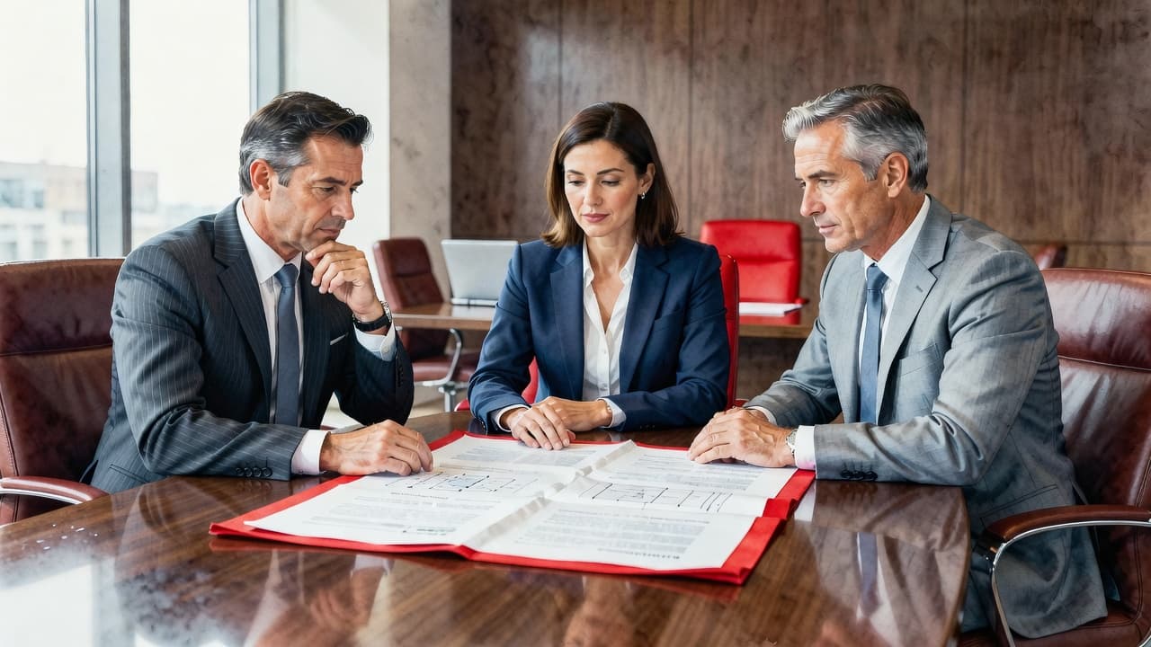 Three individuals sit around a wooden boardroom table, examining a large document together. The watercolor illustration features soft brush textures and a bold, saturated red accent throughout the professional setting.