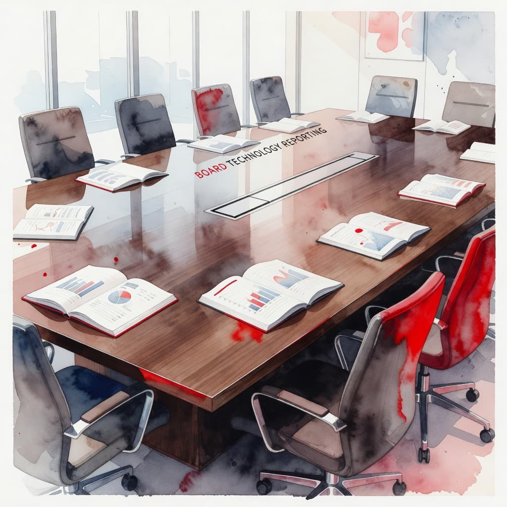 A top-down view shows a polished wooden board table surrounded by empty chairs in a watercolor style. Scattered open notebooks rest on the surface, punctuated by vibrant red accents throughout.