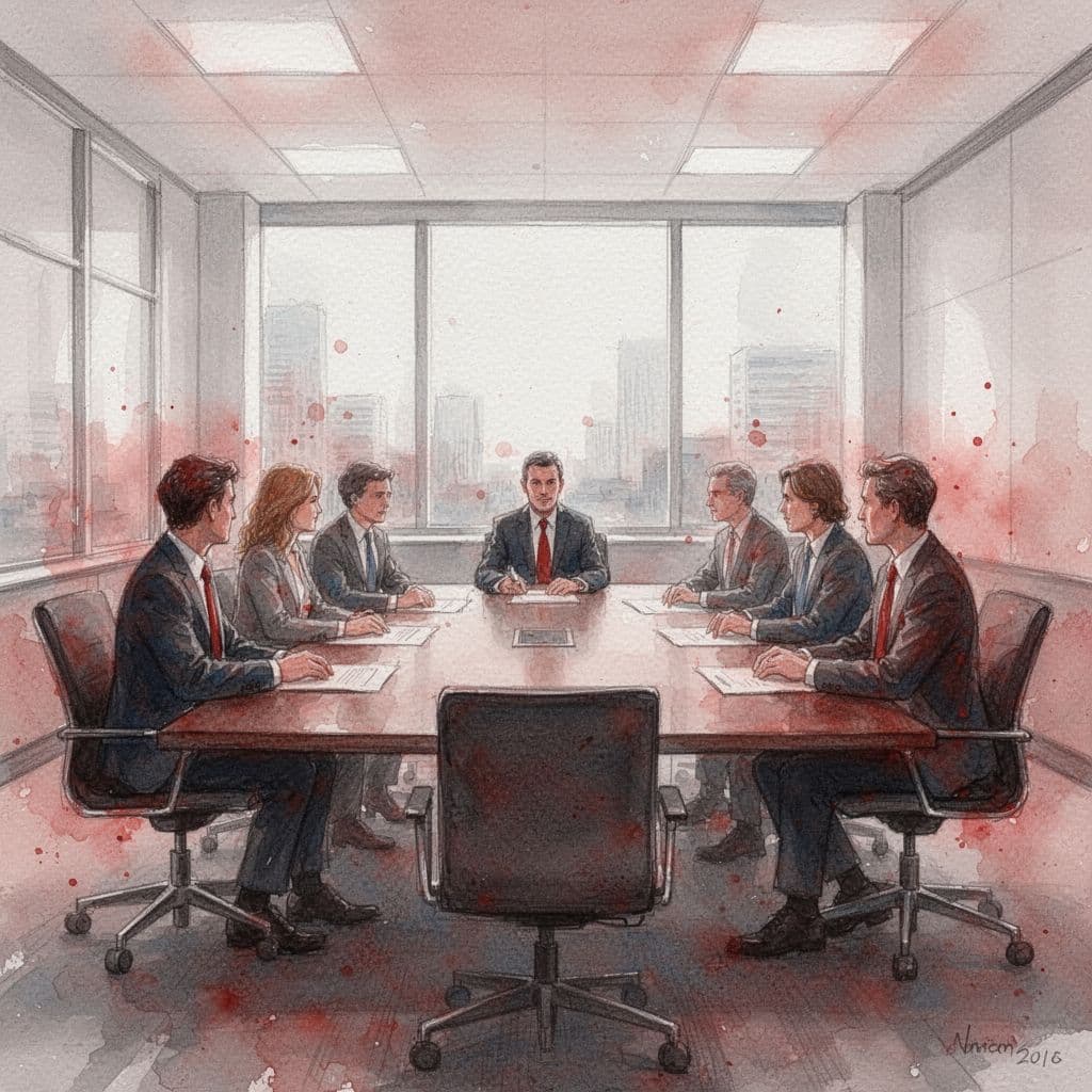 An abstract watercolor painting depicts blurred figures seated around a conference table with soft red brushstrokes.