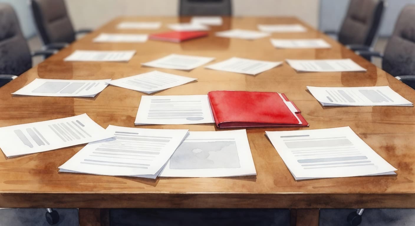 A minimalist watercolor painting depicts a long boardroom table featuring blurred, indistinct documents. A solitary folder tab painted in vibrant red provides a singular point of focus amidst soft, artistic brushstrokes.