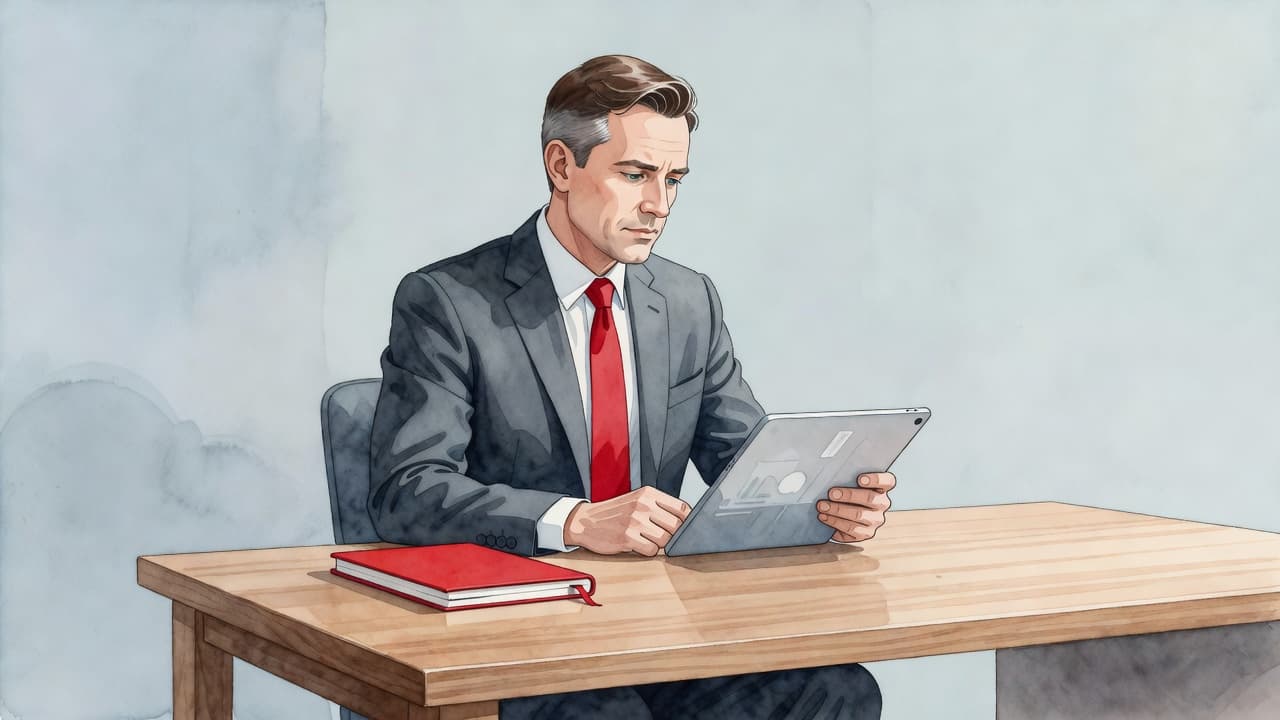 A professional executive in a soft-toned watercolor illustration thoughtfully considers a tablet screen. A vibrant red notebook rests on the clean wooden desk, contrasting with the calm, muted background brushstrokes.