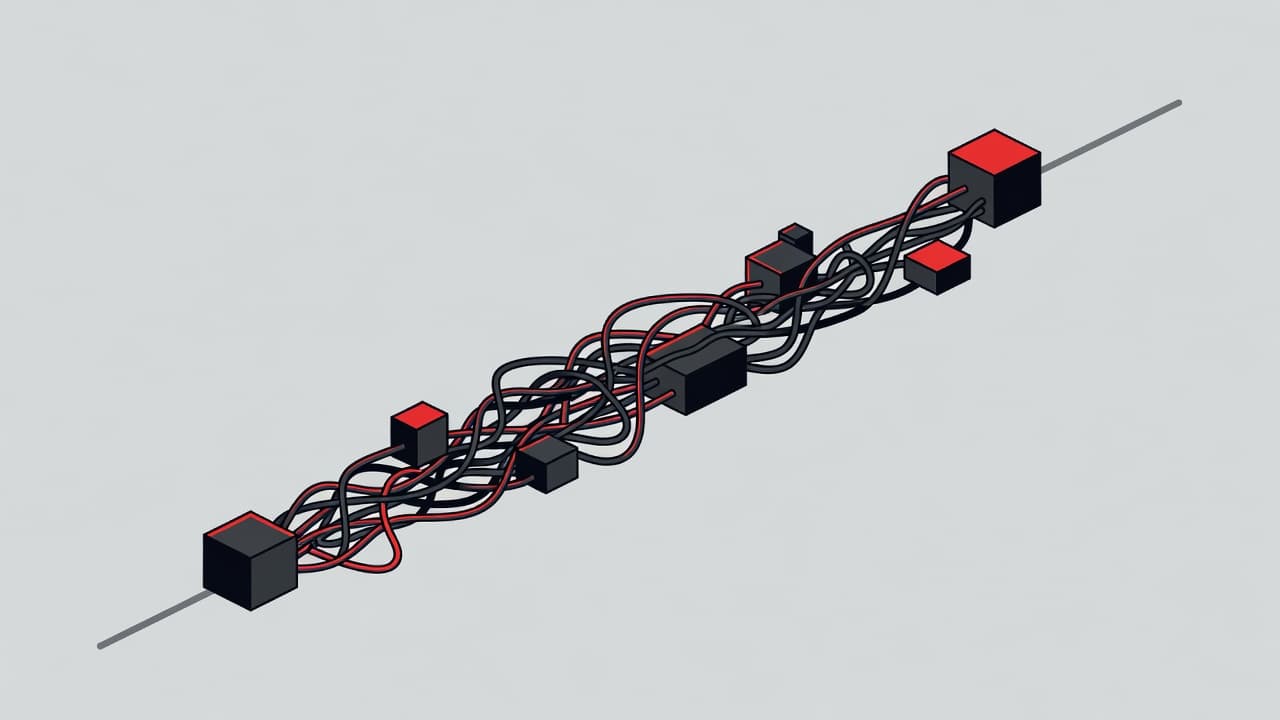 A minimalist path forward is heavily obscured by chaotic tangled black wires and large concrete blocks. Bold red accents highlight these physical barriers that stop progress within the abstract business landscape.