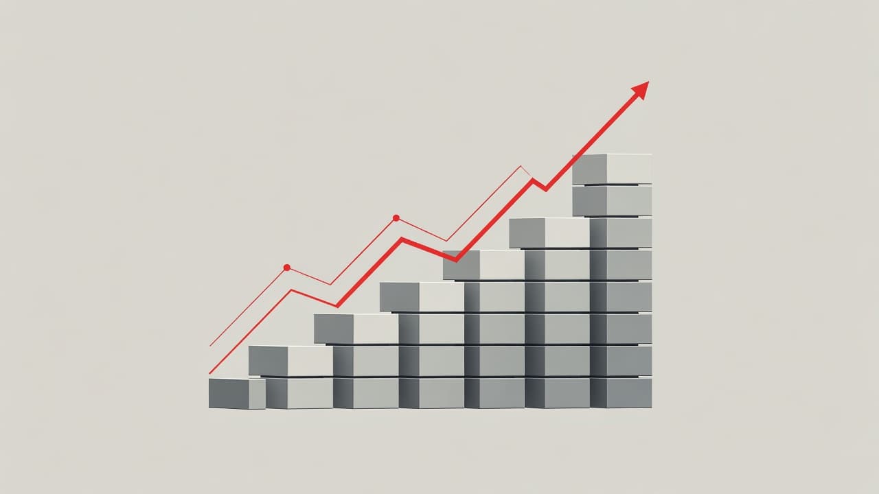 A minimalist graphic displays a series of rising blocks in neutral tones with a bold red accent. The geometric composition symbolizes technological investment driving a company toward long-term financial success.