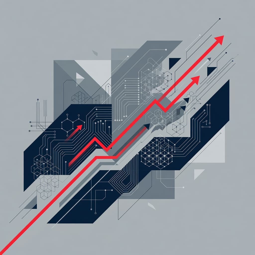 A stylized geometric illustration features bold lines forming an ascending route through a complex digital landscape. Bright red accents highlight the primary trajectory amidst various abstract technological shapes and clean forms.