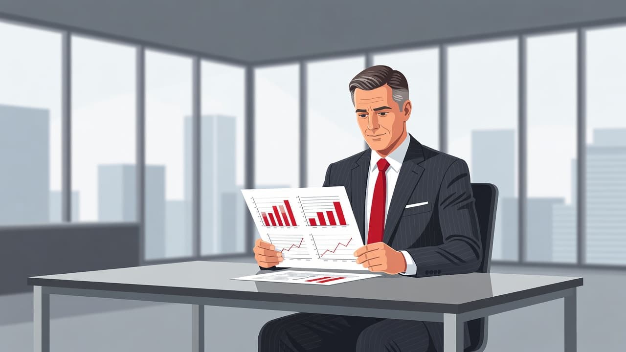 A professional business leader sits at a clean desk, carefully studying a simplified document featuring bold red charts. The minimalist, bright office environment emphasizes focus and high-level strategic decision making.