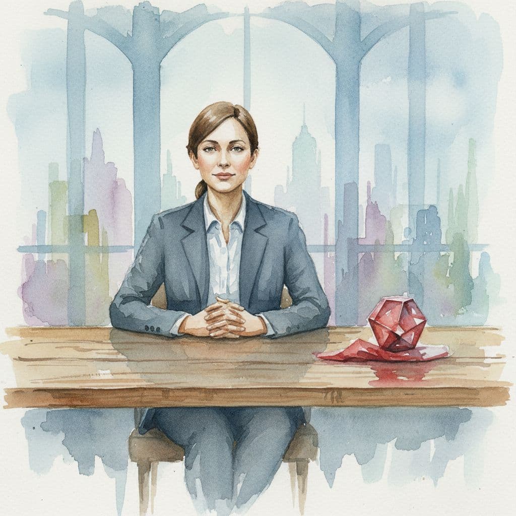 A focused professional sits at a rustic wooden desk, centered around a lone vibrant red folder. Soft watercolor strokes highlight the expressive brush textures and calm, contemplative atmosphere of the room.