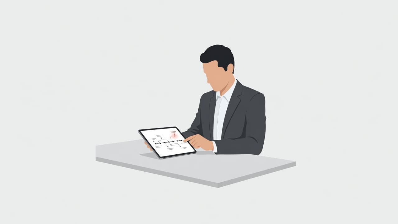 A focused professional sits at a minimalist white desk, carefully reviewing a digital roadmap on a tablet device. A soft red accent highlights a key data trend on the screen interface.