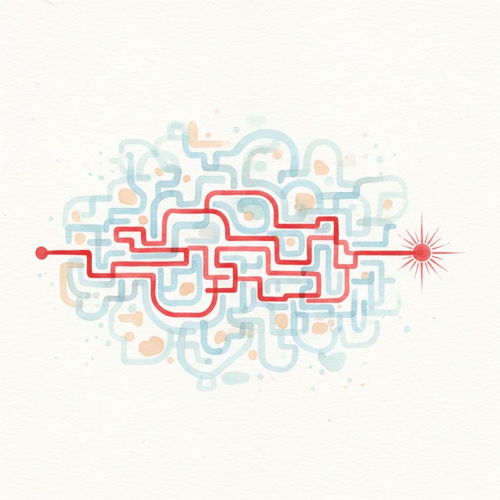 A sophisticated watercolor maze features intricate gray passages on a white background, highlighted by bold red lines that trace a clear, logical route through the complex architectural puzzle design.