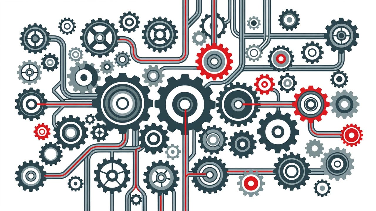 A sophisticated illustration displays vibrant red and white mechanical gears intertwined with linear pathways. The sharp, geometric composition emphasizes the complex connectivity and structured flow required for scaling successful business operations.