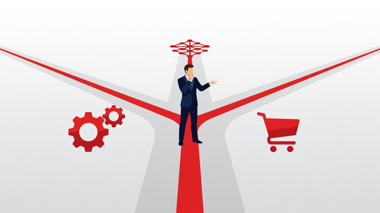 A silhouette of a leader stands before three distinct pathways in a minimalist environment. Bold red accents define each route, symbolizing the strategic choices between building, buying, or integrating new technology solutions.