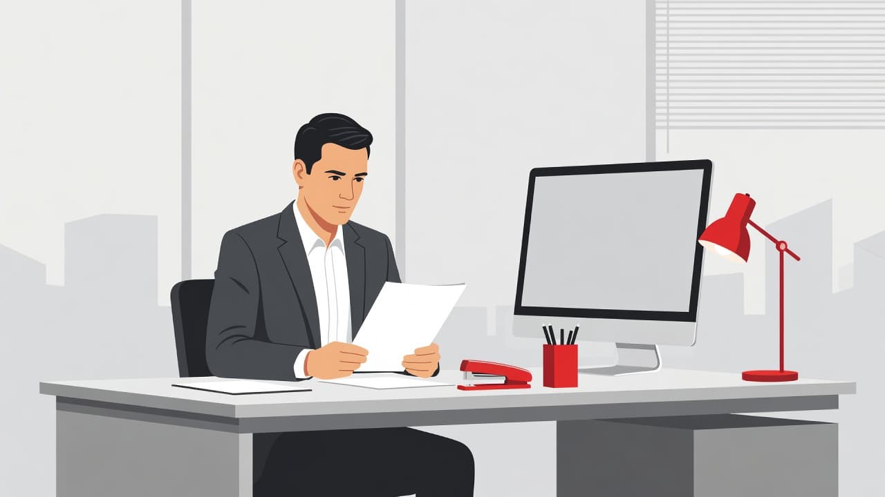 An executive in a sharp suit reviews a formal document while sitting at a modern desk. Red desktop accessories provide a bold contrast against the clean, professional office environment and lighting.