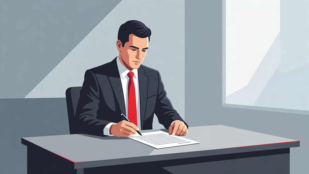 A focused executive in formal attire studies a blank contract at a minimalist desk. A bold red accent piece stands out against the clean geometric lines of the modern office setting.