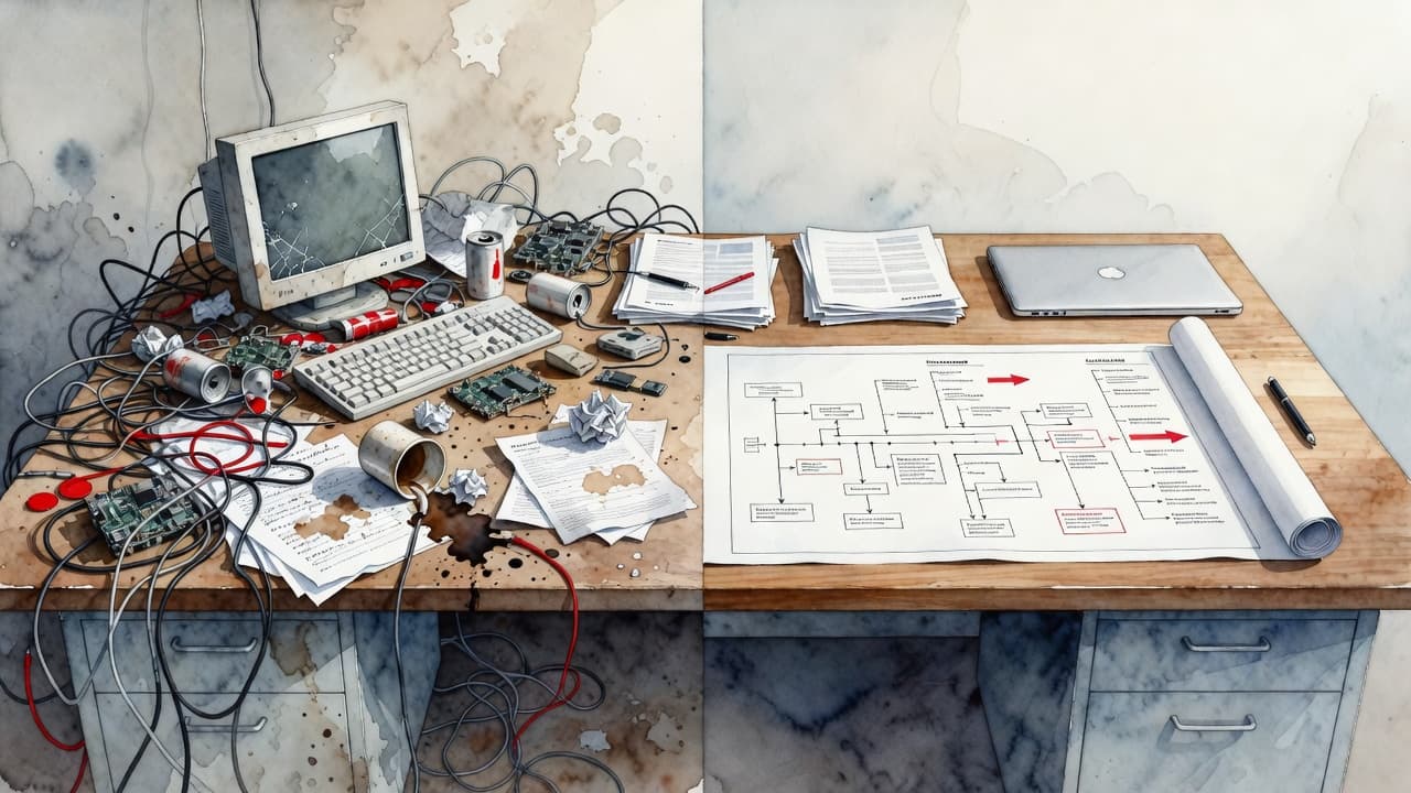 A watercolor painting depicts a split desk scene featuring tangled wires and scattered papers on one side contrasting with a tidy workspace containing a clear, organized roadmap on the other.