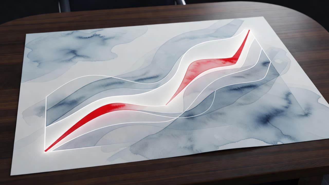 A soft watercolor illustration features glowing abstract data patterns on a polished dark wood table. A prominent red-500 accent shape dominates the composition, providing sharp visual contrast against the muted tones.