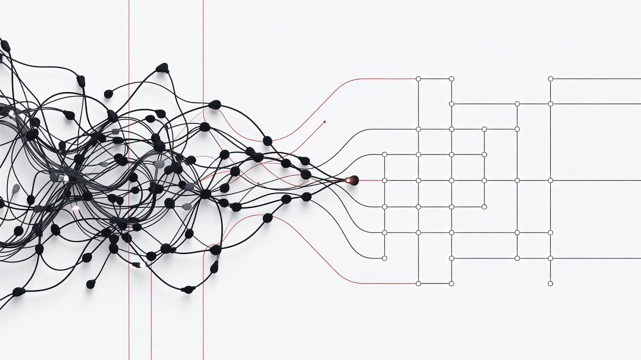 A complex tangle of dark interconnected wires on the left transitions into a clean, glowing path of organized nodes on the right, set against a crisp white background with subtle red accents.
