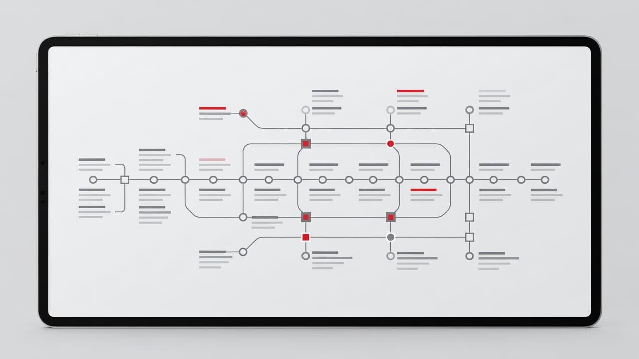 A minimalist tablet display showcases a structured project timeline with abstract milestones and branching pathways. Bold red accents highlight key progression points against a neutral, organized interface for strategic business planning.
