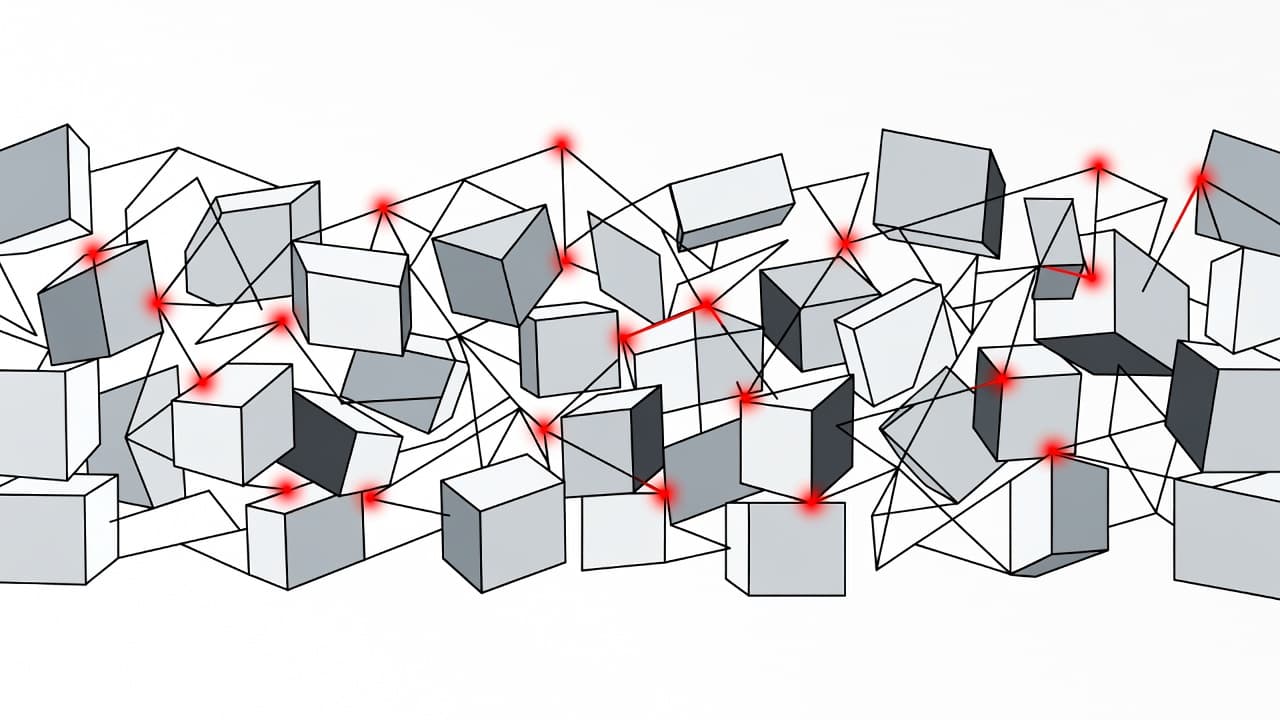 Complex red and grey geometric shapes form an intricate, messy wall across the center. Thin, sharp data lines weave through the fragmented pieces, illustrating systemic obstruction on a stark white background.