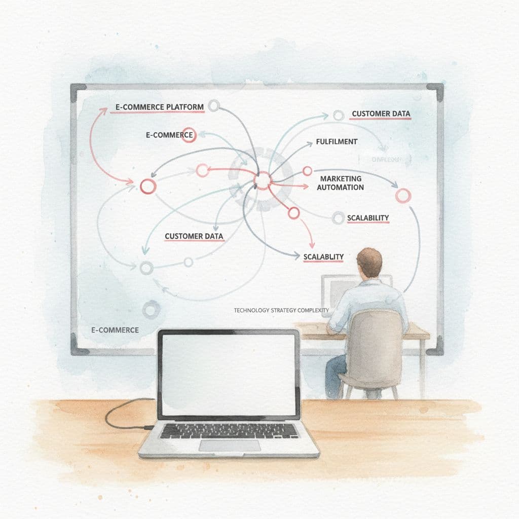 A desk with an open laptop sits before a whiteboard covered in intricate strategic flowcharts and red accents. A soft-focus person works in the background under gentle watercolor artistic brush strokes.
