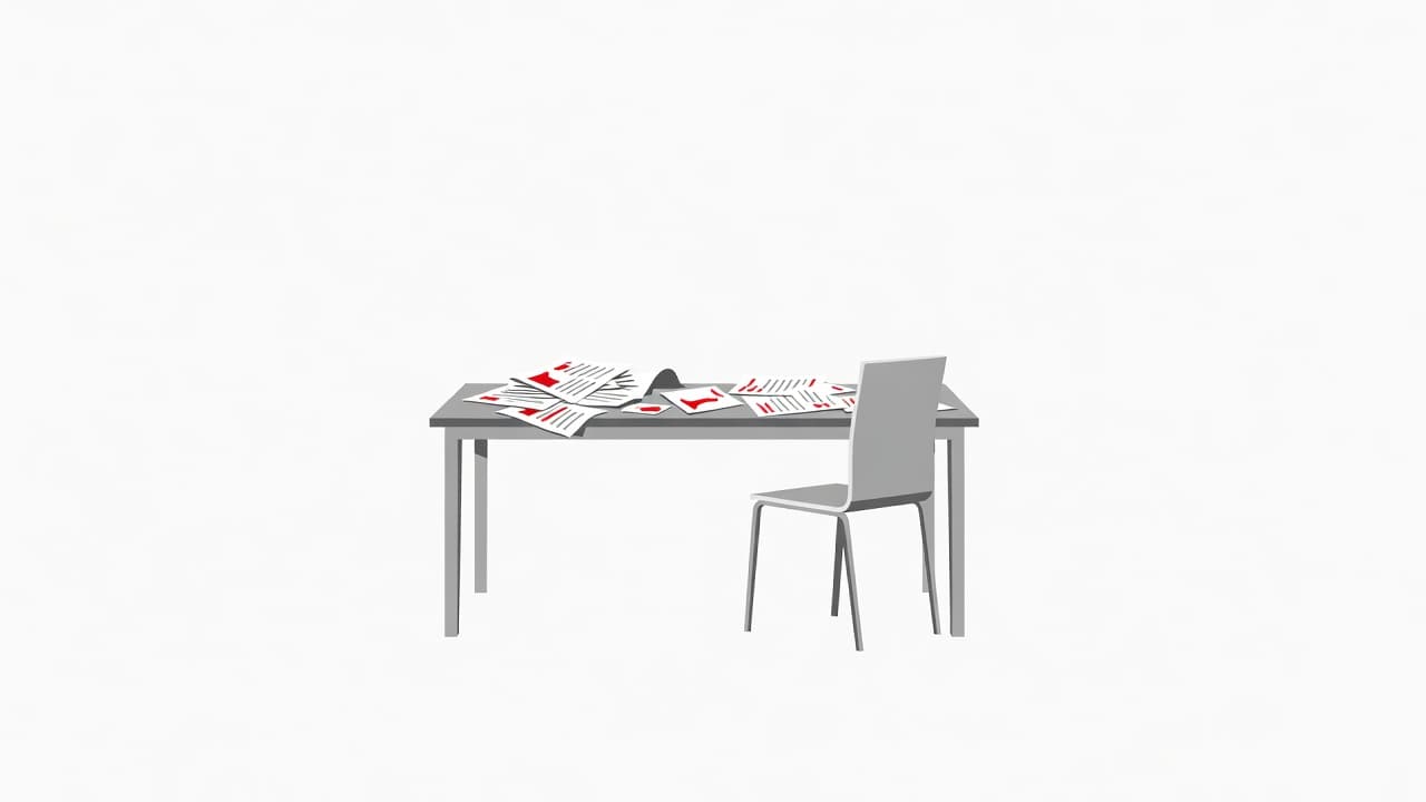 A minimalist workspace features an empty chair facing a desk covered in scattered papers. Bold red geometric elements contrast against the clean white background to emphasize the sense of sudden abandonment.