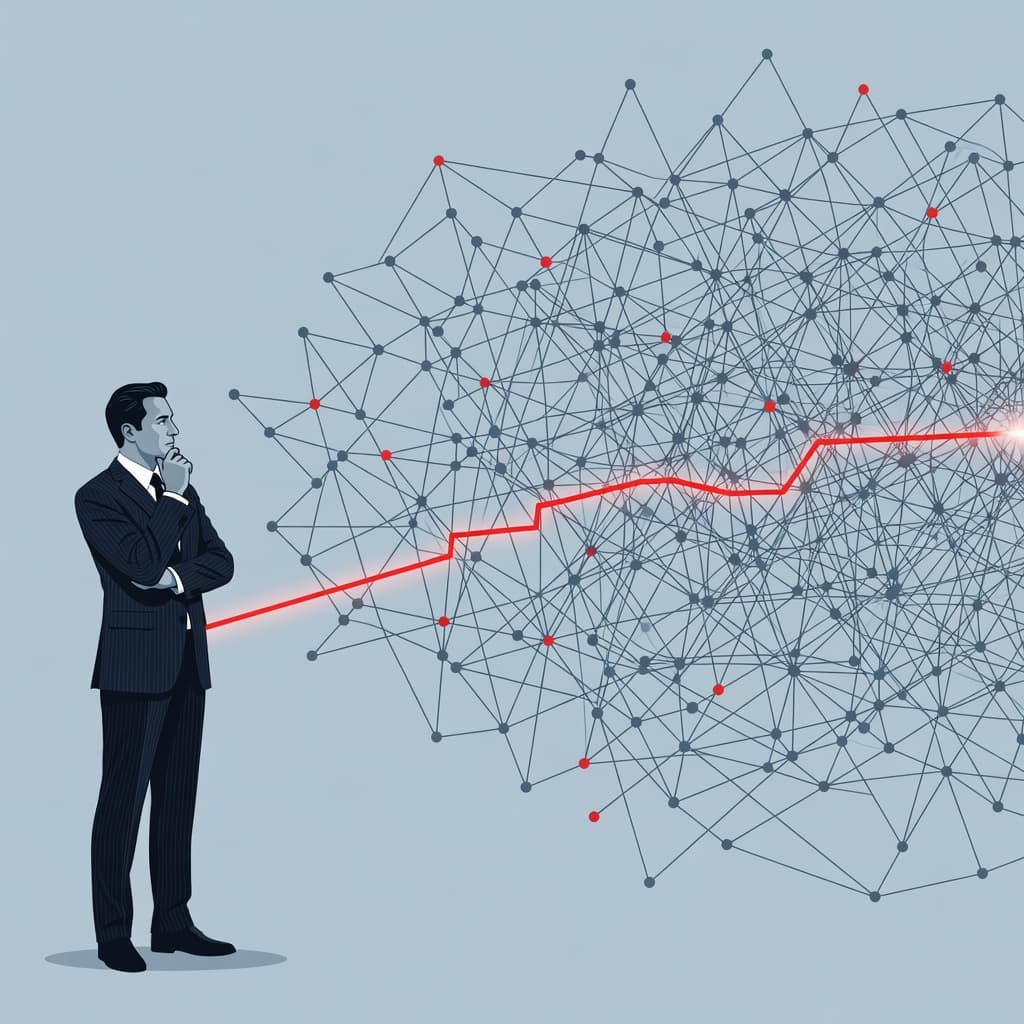 A focused professional examines a glowing web of complex nodes and data lines. A single illuminated path cuts through the intricate structure, highlighted by bold red accents against a dark background.