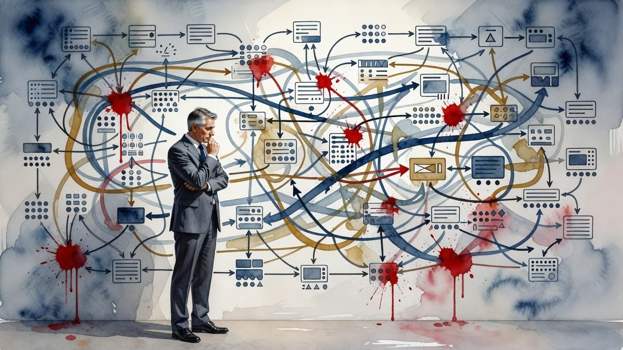 A business leader in professional attire examines a sprawling wall mural featuring intricate nodes and branching lines. Saturated red accents draw focus to the complex, watercolor-painted data flows throughout the map.