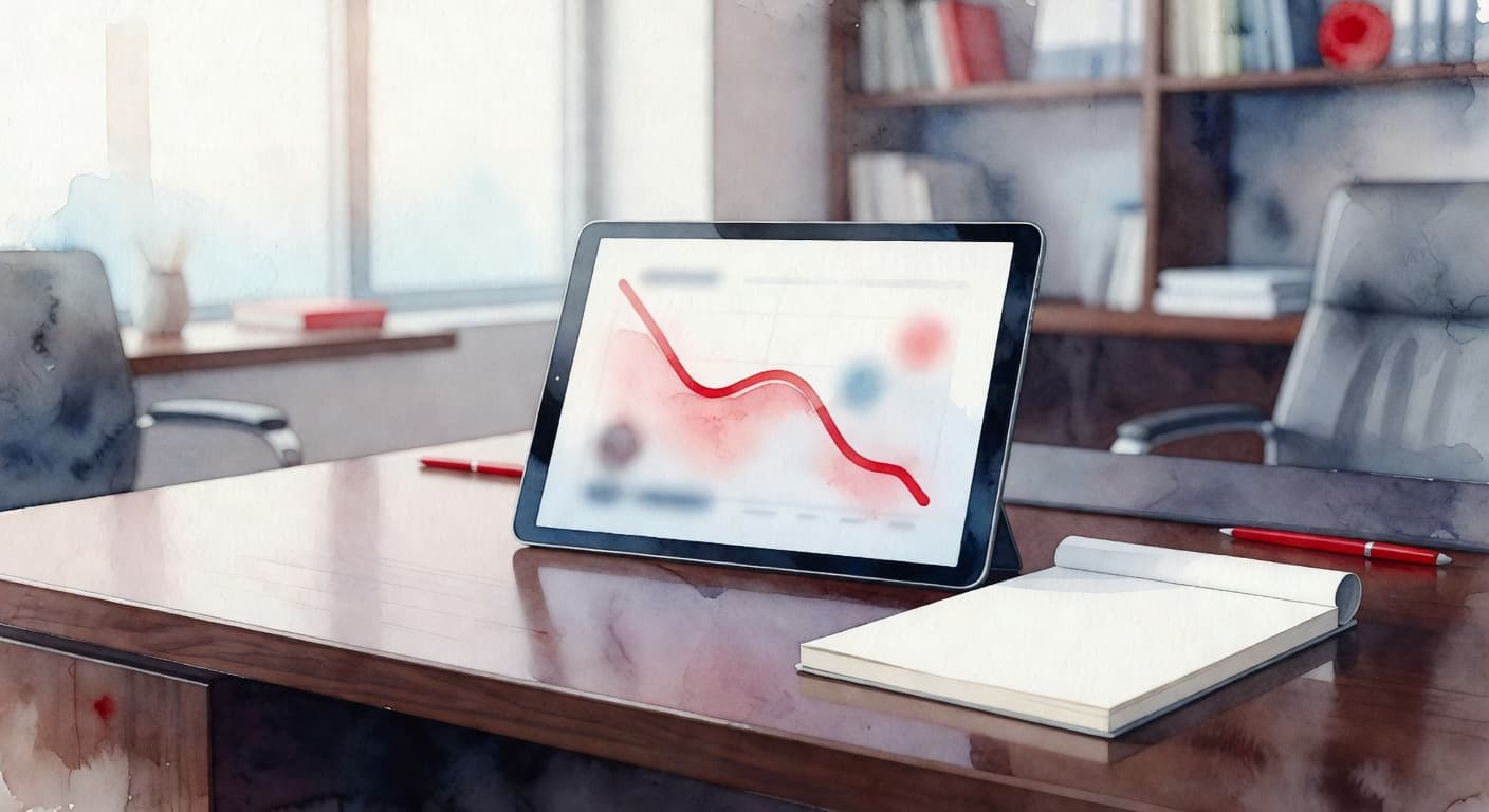 A sophisticated digital tablet rests on an organized wooden desk, displaying a glowing red trend line on a blurred dashboard. Soft watercolor textures surround the device, blending professional focus with artistry.