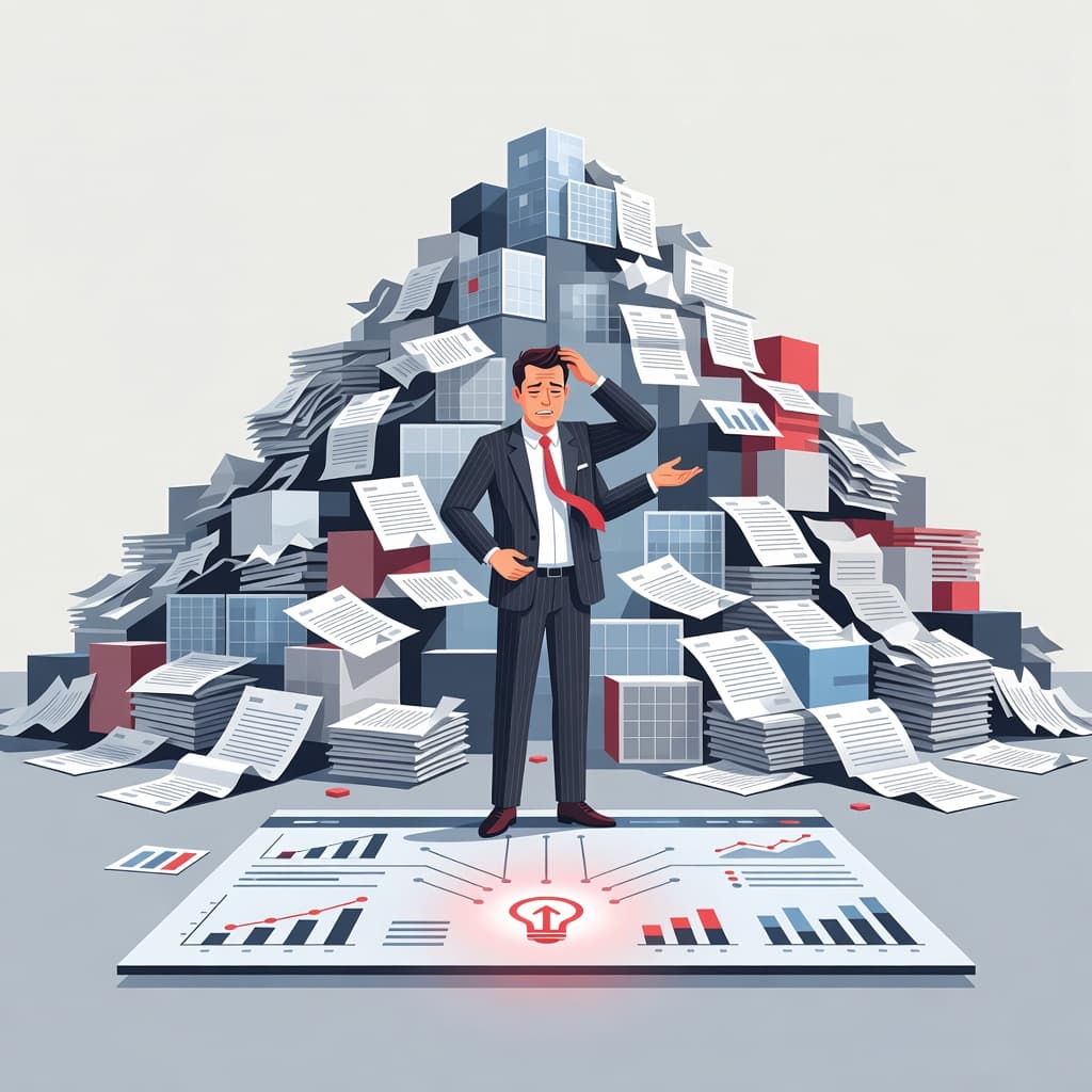 A frustrated executive stands before a massive, chaotic mountain of paper reports and data cubes. In the foreground, a sleek digital dashboard features a single glowing icon representing a clear insight.