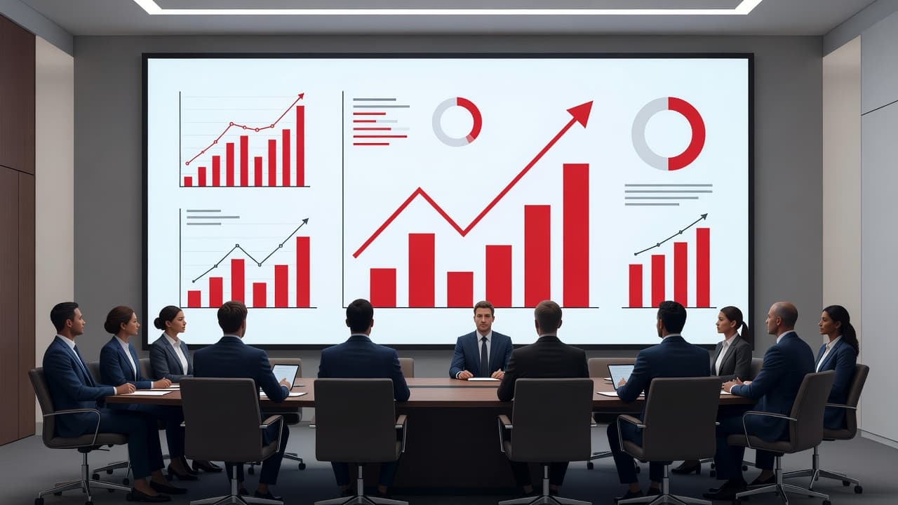 A sleek digital screen displays simplified geometric data charts in a minimalist boardroom. Sharp red accents highlight the central graphs against a professional backdrop, showcasing high-level strategic information for stakeholders.