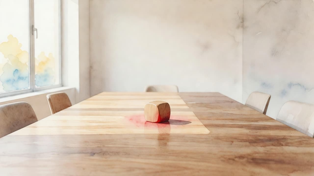 A spacious watercolor meeting room features a large, minimalist wooden table centered under natural light. A singular abstract wooden block with a subtle red accent rests on the clean surface.